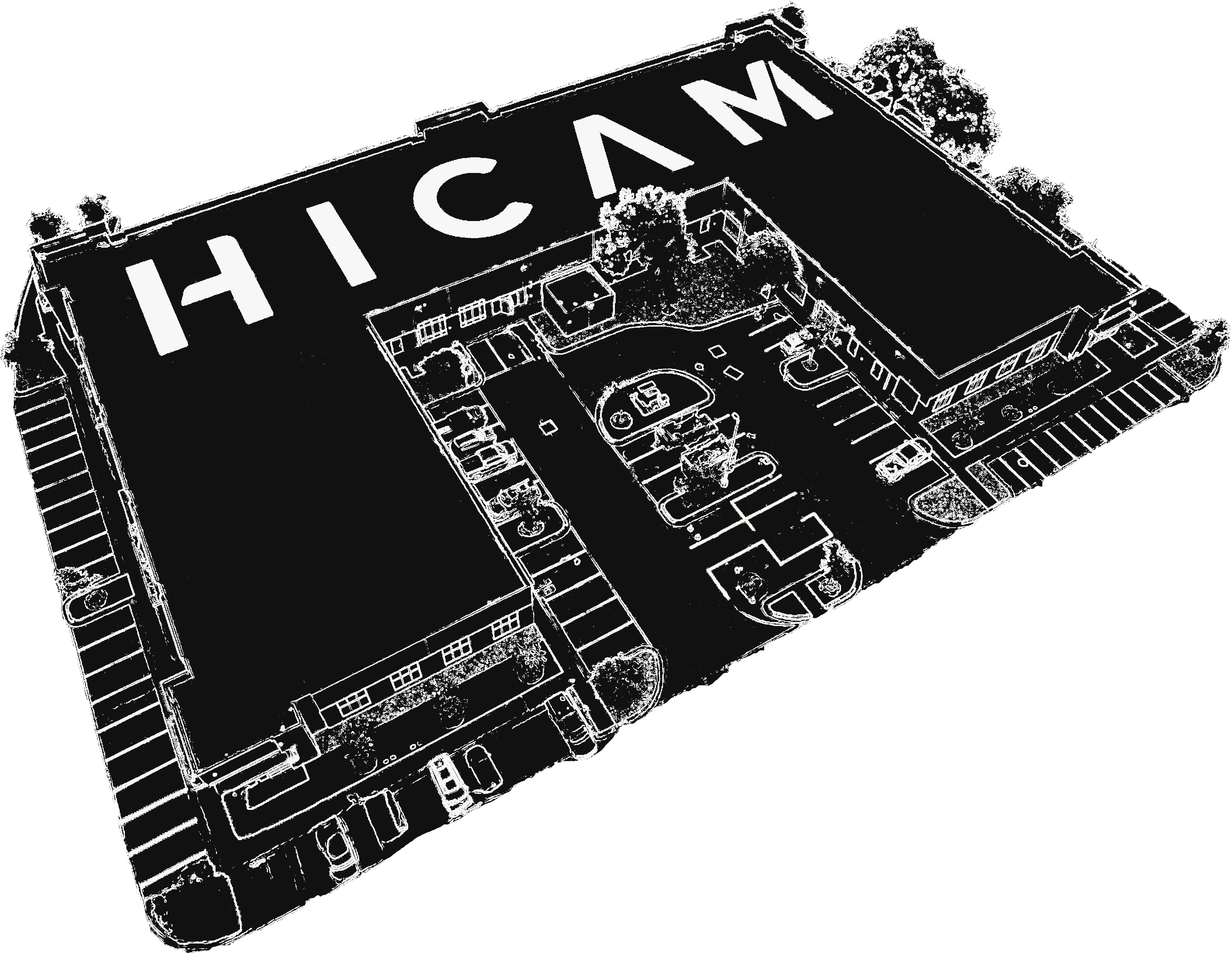 A birds-eye view of HICAM HQ in the style of an architectural drawing.