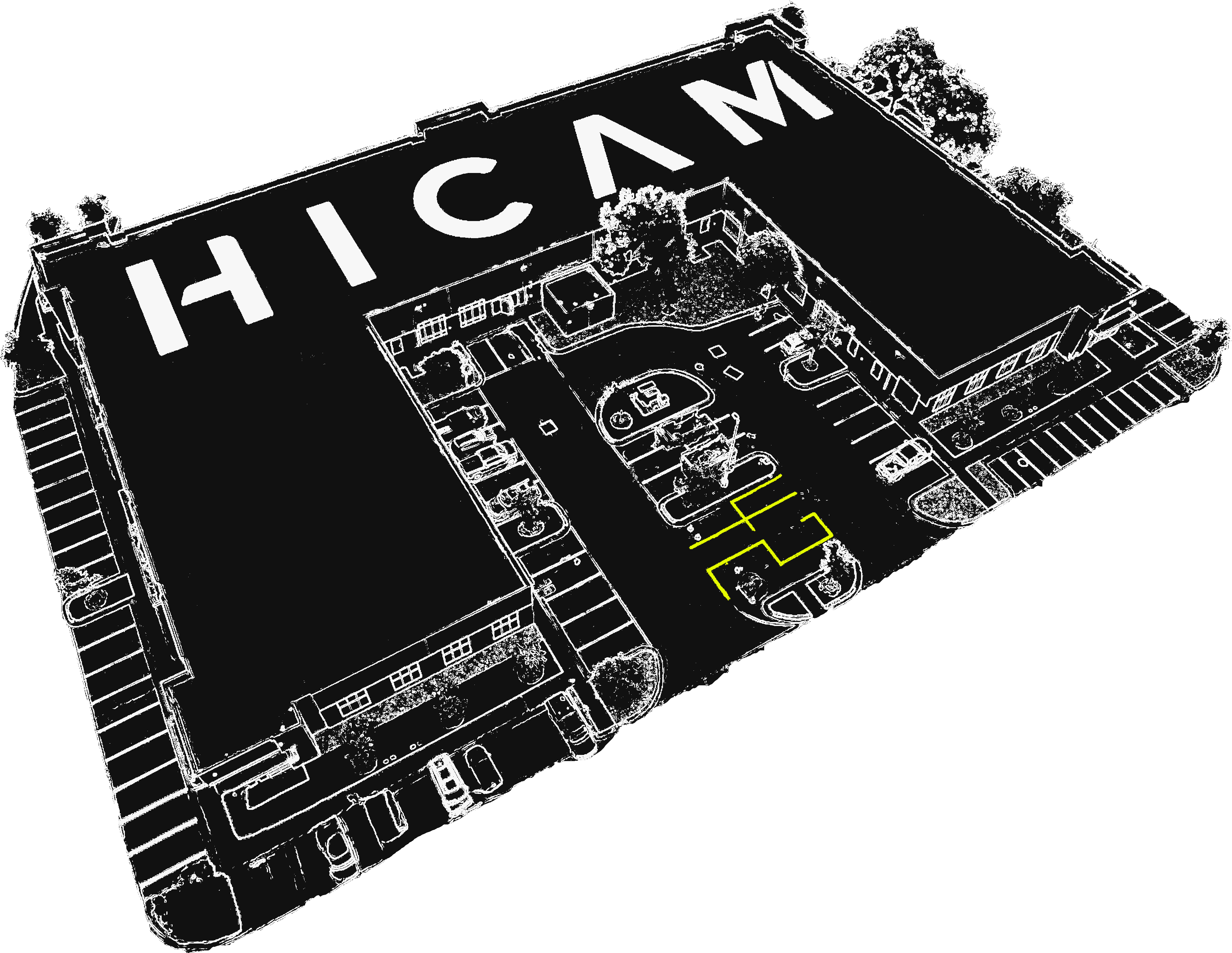 A birds-eye view of HICAM HQ in the style of an architectural drawing with an easter egg of the number 42 in the parking lot highlighted.