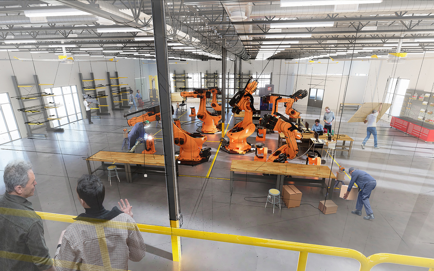 a rendering of the HICAM prototype lab complete with an array of kuka robots.