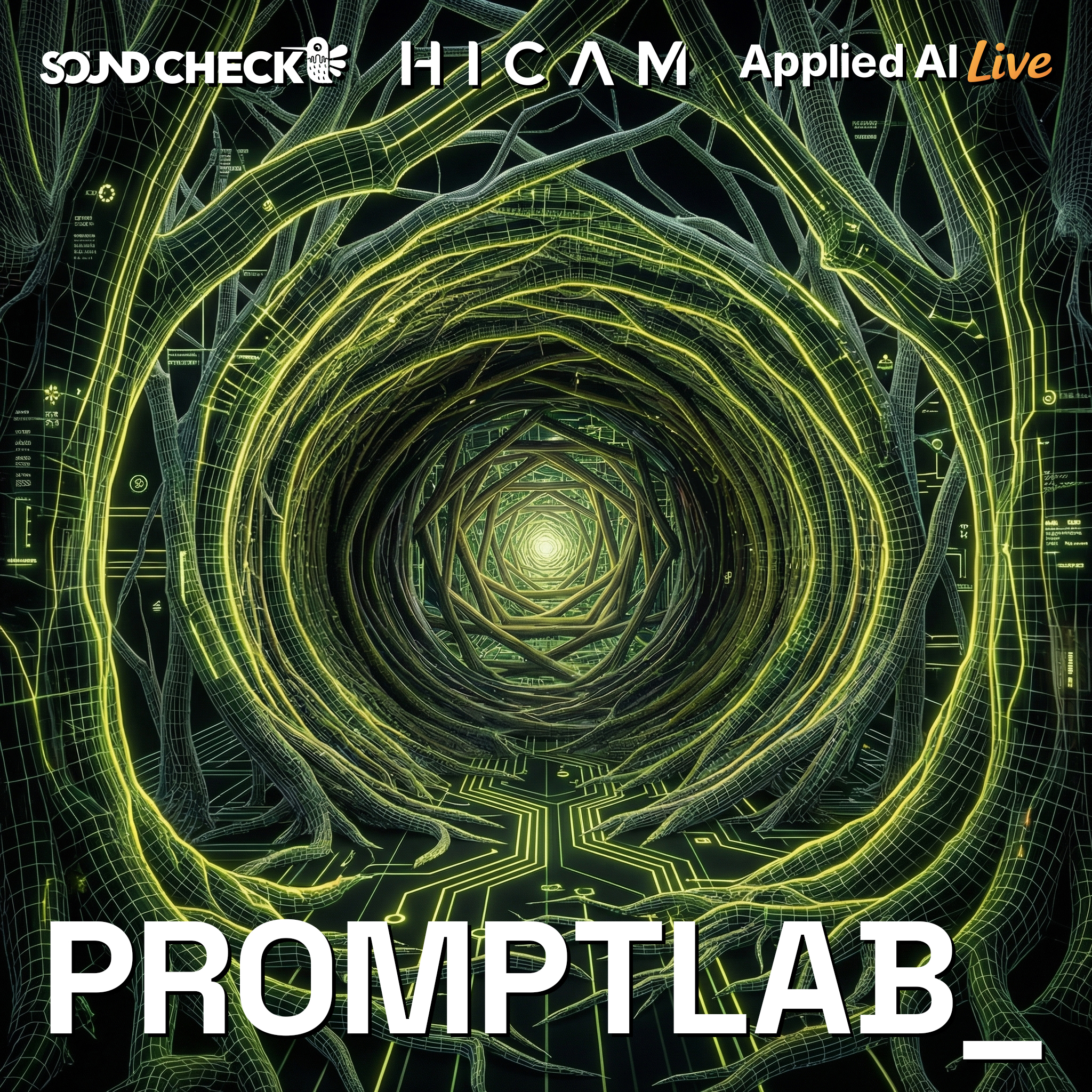 Futuristic digital tunnel with glowing green grid lines forming a spiral pattern, resembling interconnected tree roots. Text overlays: "Soundcheck," "HICAM," "applied AI society" and "PROMPTLAB."